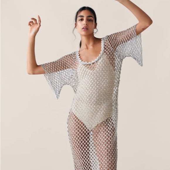 Zara mesh  silver sparkle Dress NWT sz Large beach cover up - Picture 6 of 8